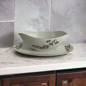 Vintage Japan Harmony House Gravy Boat w/ Attached Under Plate Gray Floral